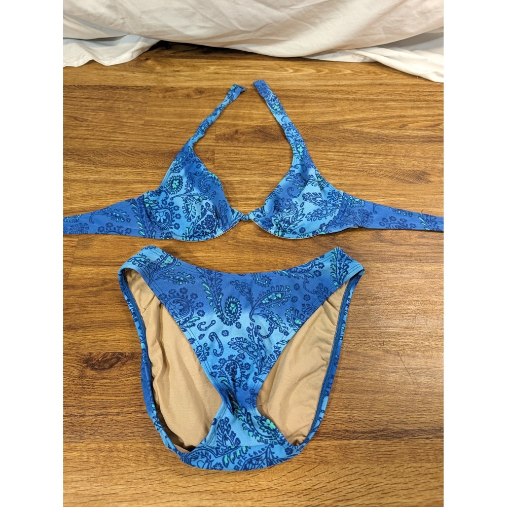 Vintage Swim Systems Size Small Blue Paisley High Thigh Bikini